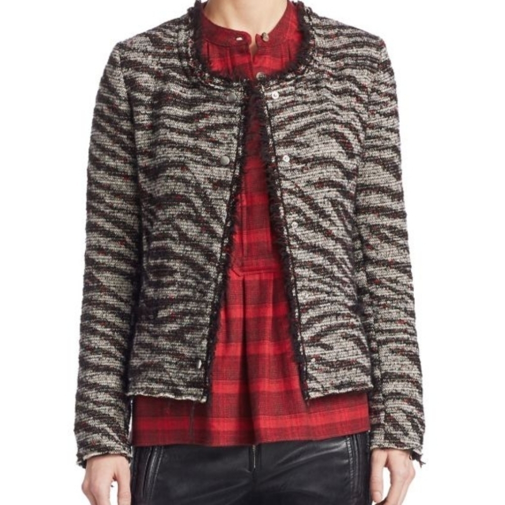 Étoile Isabel Marant Lycia Boucle Tweed Jacket Zebra Print fringe Cuff Sz‎ 34